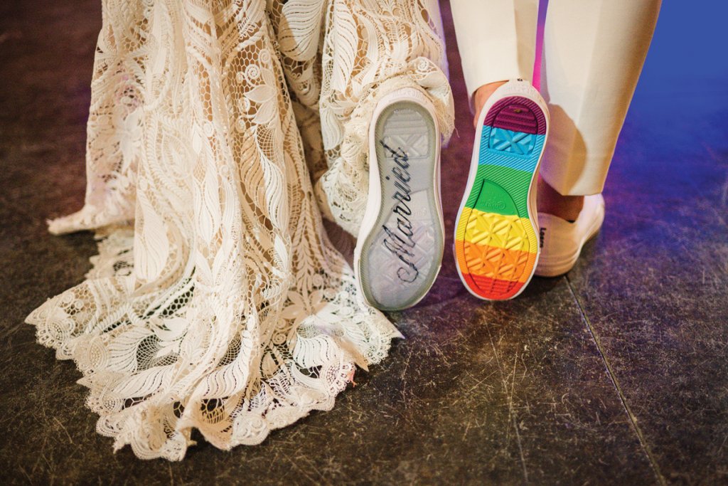 Comfy shoes with a surprise pop of color let the women dance the night away with family and friends.