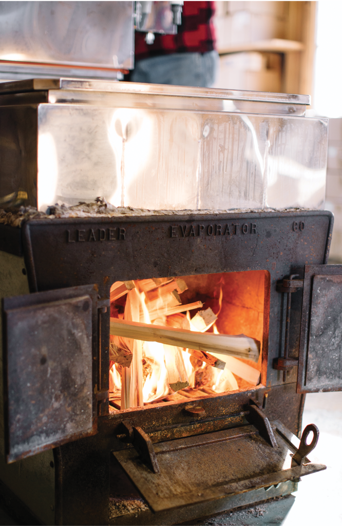 Long hours are spent boiling the sap down into syrup for bottling.
