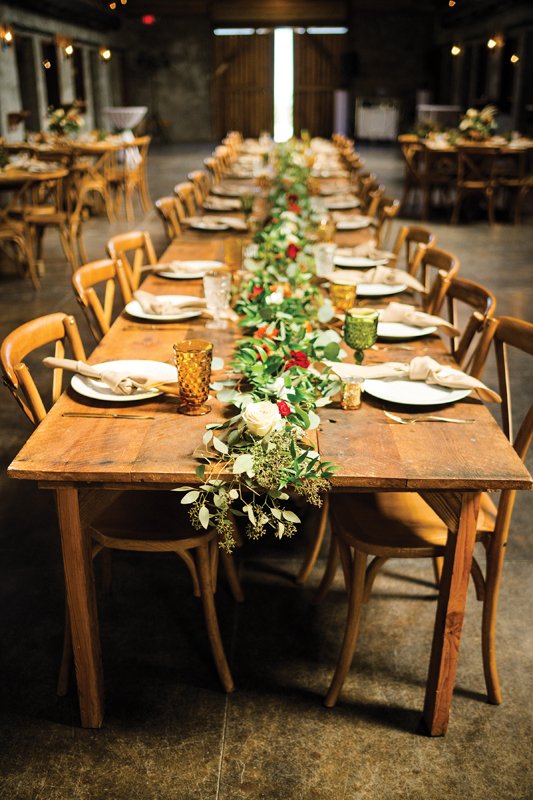 Guests dined family-style at long farm tables.