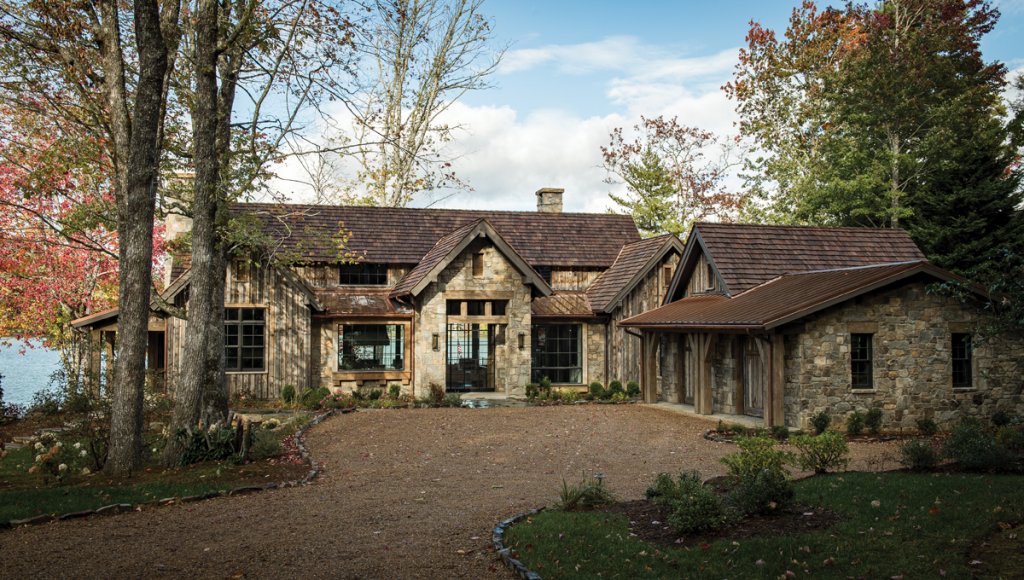 STURDY &amp; SOLID - Platt shares that it was an, “interesting challenge to create two houses at same time on shared property that complement each other but have their own identity.” The house’s appearance is akin to a mountain lodge, with its solid, stone facade.