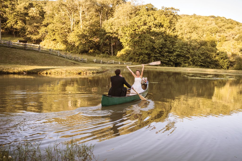 Newlyweds Cabell and Marielle take their first canoe ride as a married couple.
