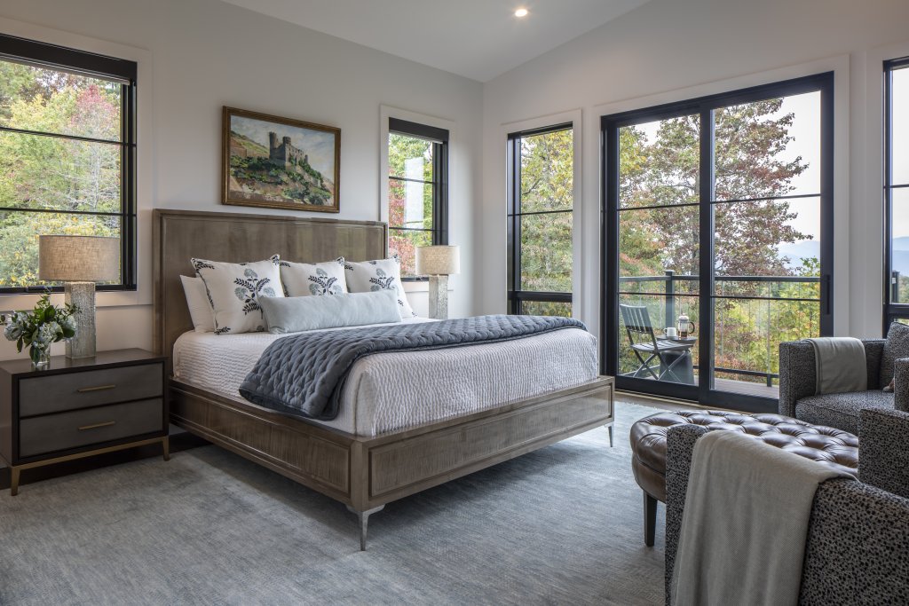 Shades of gray in the master bed and bath lend calming, cool tones to the space.