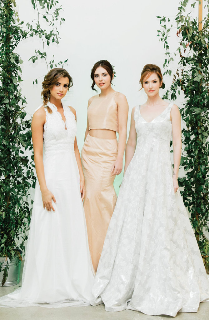 Alençon lace halter gown, silk mermaid set, and brocade fit and flare gown