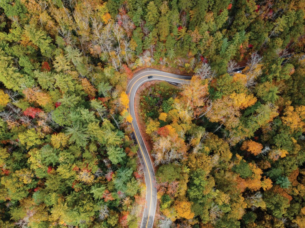 The Tail of the Dragon curves sharply through the mountains.