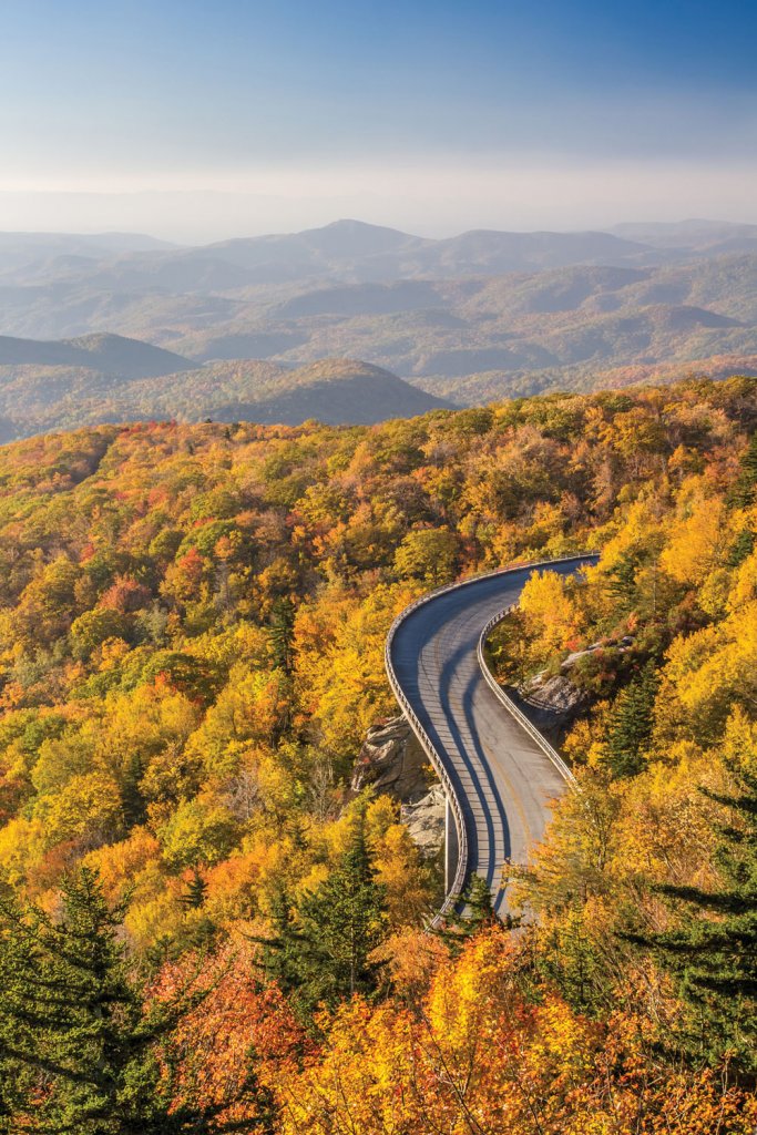 The Linn Cove Viaduct on the Blue Ridge Parkway is an iconic motoring destination because of its soaring curves.