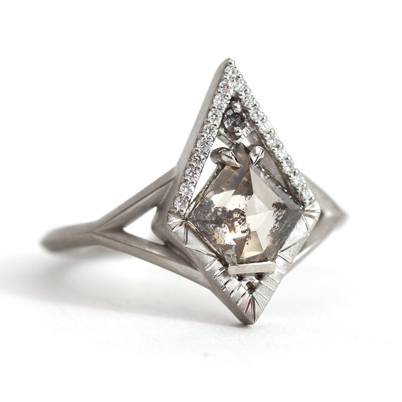 Platinum Beauty - The Aletris Ring. Platinum with 1.02 carat rose cut salt-and-pepper diamond and pavé diamond halo. $6,458. Fox &amp; Beaux, Asheville.  foxandbeaux.com