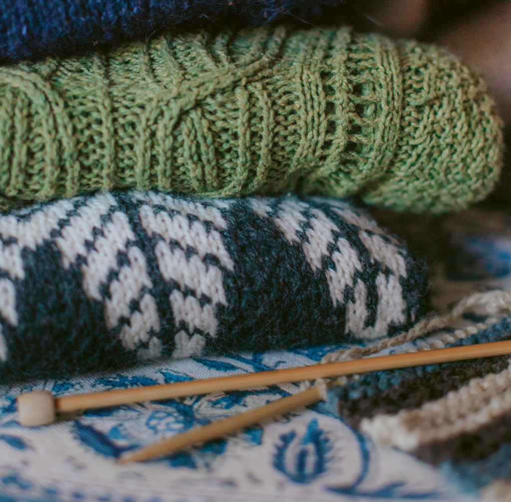 Danaee makes and sells sweater patterns, including a Norwegian-inspired “Ishav” pattern (middle).