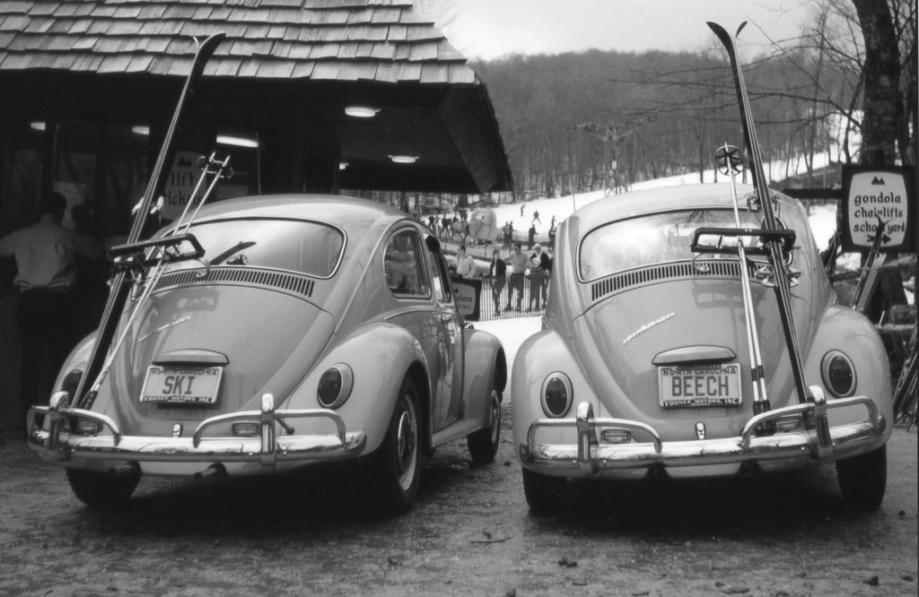 “Ski Beech,” with cute plates on VW Bugs. Courtesy Beech Mountain History Museum.