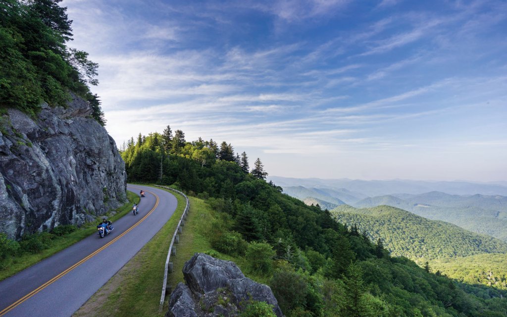Motorcyclists nearing the Haywood Overlook on the Blue Ridge Parkway.
