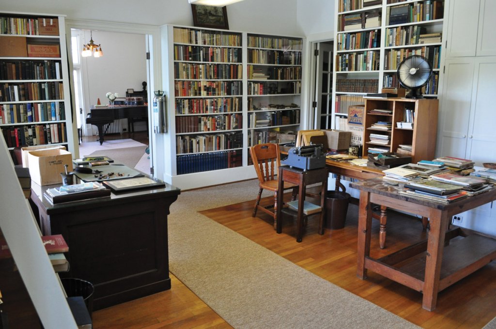 With cluttered desktops and full bookshelves, Sandburg used his downstairs study mostly as a business office.