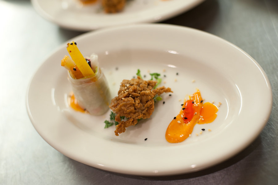 Chef Moore&#039;s fried oyster with vegetable bundle with spicy carrot vinaigrette and carrot aioli