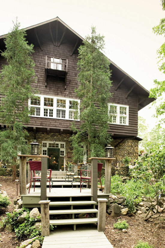 Opposite, Nancy Alexander’s tiered decks and gardens are as impressive as the interior of the lodge she calls home.