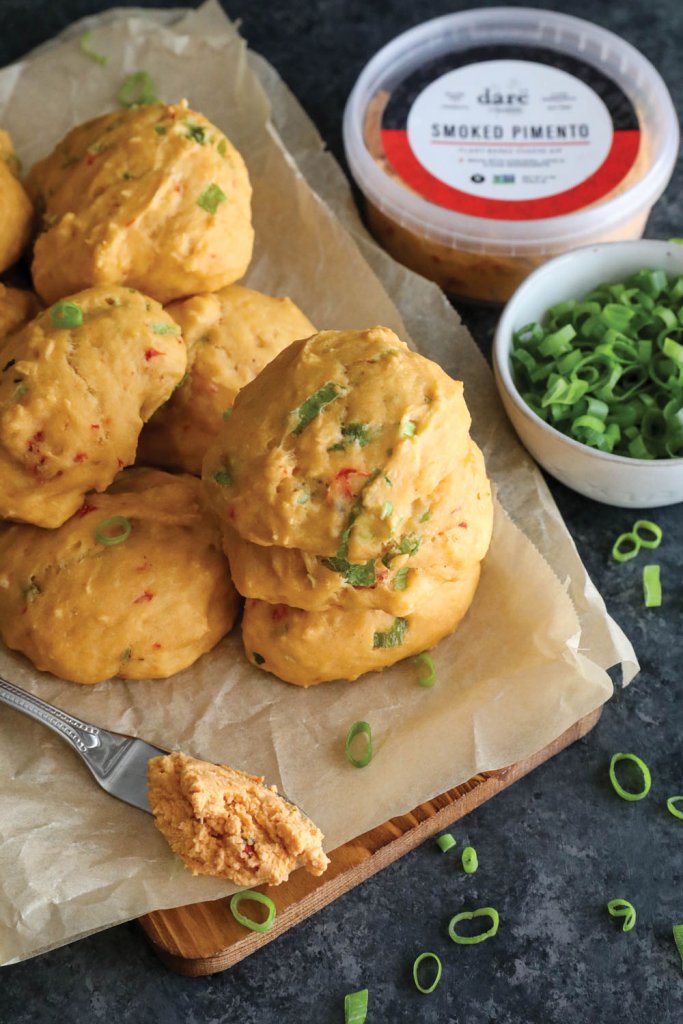 Pimento cheese scallion biscuits made with Darë Vegan Cheese.