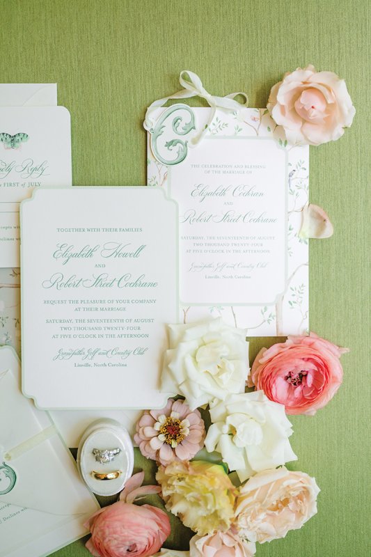 The wedding papers use a watercolor effect, a nod to the wedding theme.