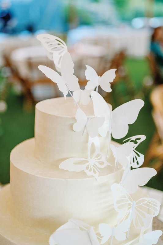 The red velvet wedding cake—the groom’s favorite—is delicately adorned with butterfly accents.