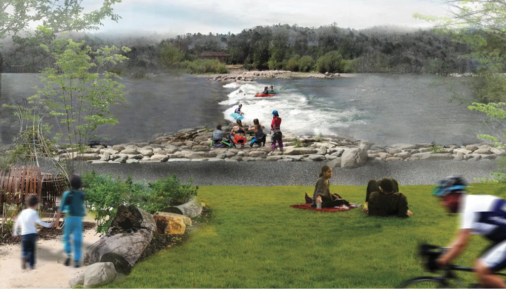 Featuring a permanent whitewater wave, expanded riverfront park facilities, and five miles of walking/biking trail up Beaver Dam Creek, project leader Marc Hunt envisions that the Woodfin Greenway and Blueway will add new riverside recreational opportunities as well as boosting the town’s economy.