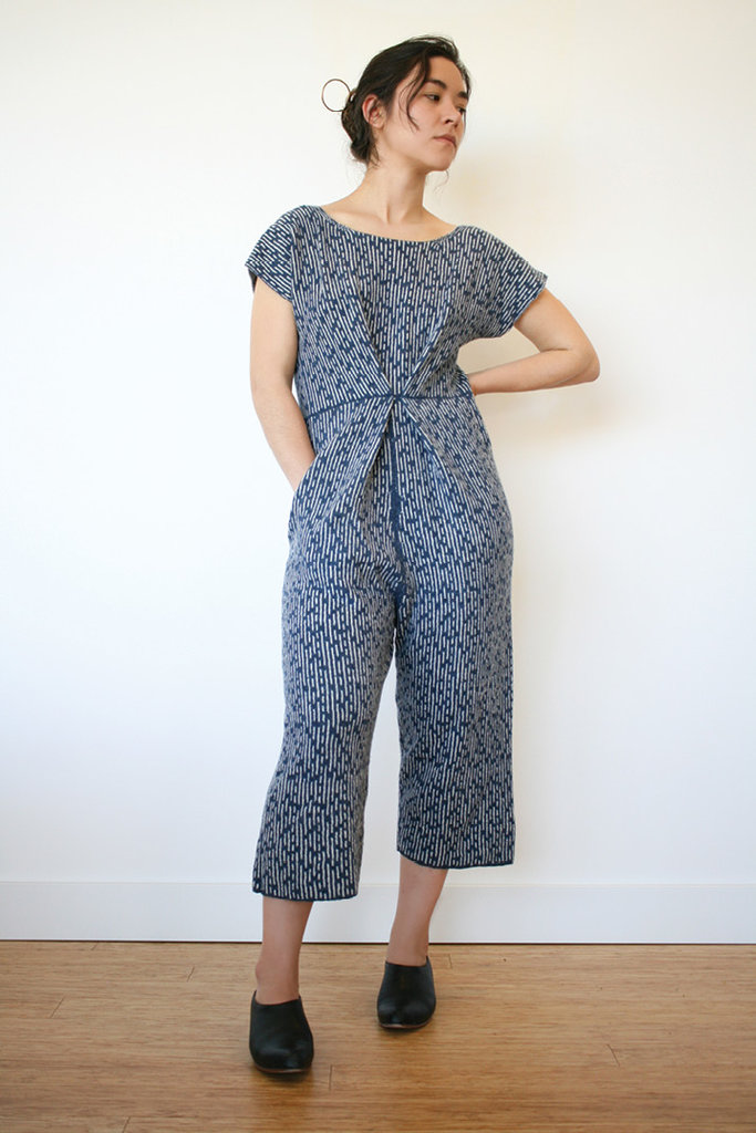 Traditional Japanese sashiko stitching influenced the fabric for this jumpsuit.
