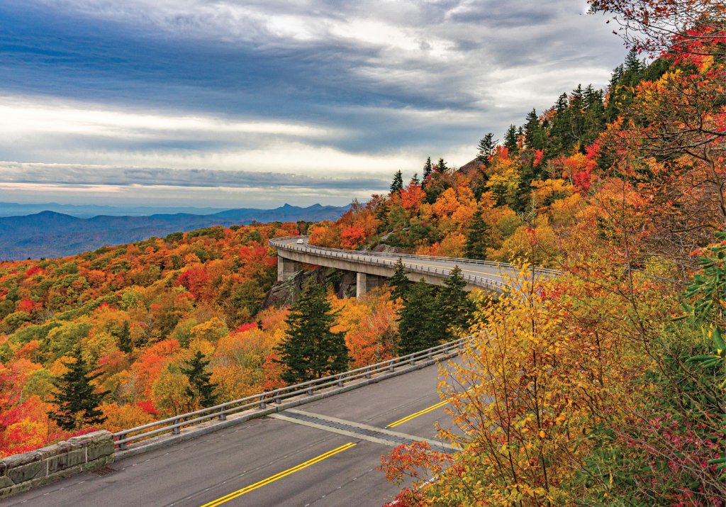 ’Round the bend: The engineering marvel that is Linn Cove Viaduct on the Blue Ridge Parkway, in a color scheme befitting its grandeur.