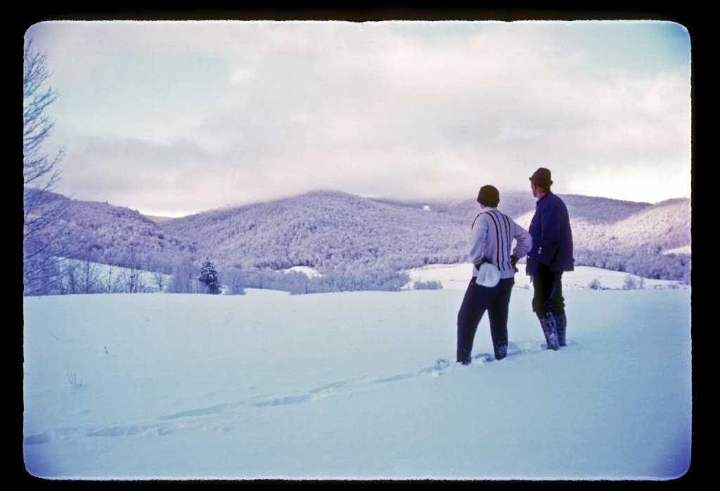 Sugar Mountain owner “Chessie” MacRae and ski pioneer Dr. Thomas Brigham survey the future ski area in 1967. Photograph by Al Traver.
