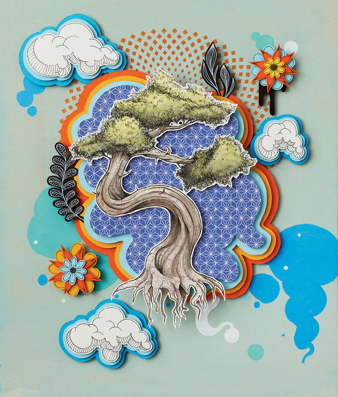 Johansen’s multimedia process involves cut paper, acrylics, and pen and ink. Pictured - Bonsai