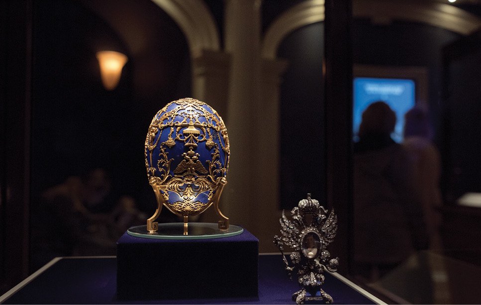 The Imperial Tsarevich Easter Egg resides at the Virginia Museum of Fine Arts; the bejeweled Fabergé egg was given as an imperial gift in 1912.