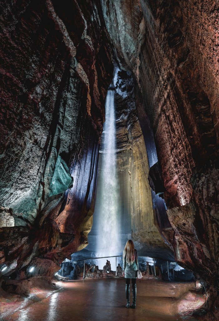 UNDERGROUND - At Ruby Falls, the 90-foot namesake cascade is enhanced with a dramatic sound and light display. Along the approach are numerous formations that attest to the effects of water and limestone over time.