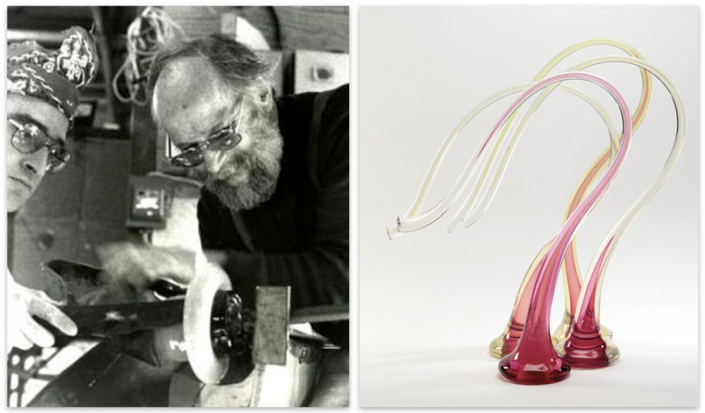 Harvey Littleton, who lived in the region from the late 1970s until his death in 2013, is regarded as the father of the studio glass movement. Left, his Lemon/Cranberry Lyrical Movement (1989, 23 × 14 × 4 inches) is among the Asheville Art Museum’s holdings.