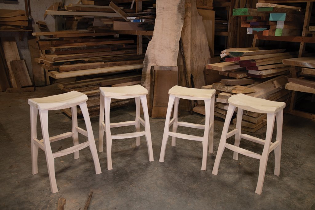 Bar seats with maple legs and poplar tops by Brian Boggs.
