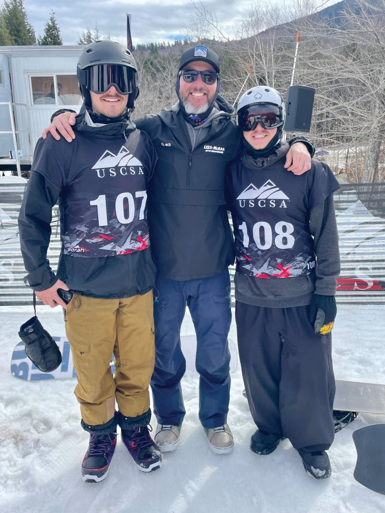 Aaron Maas (center) with two of his students. Maas was named the United States Collegiate Ski and Snowboard Association’s Coach of the Year in 2024. Courtesy of Aaron Maas.