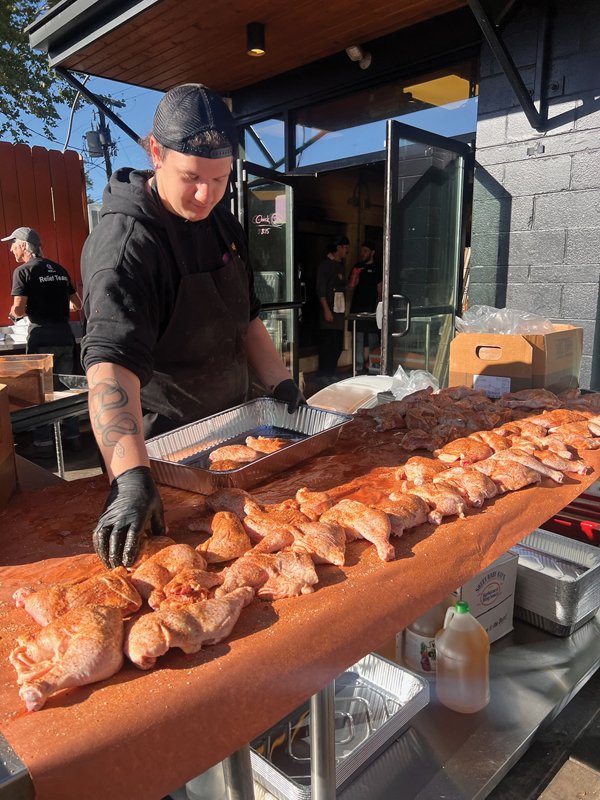 Bear’s Smokehouse, with the help of World Central Kitchen, distributed  homemade barbecue dishes after the storm, made using non-electric cookware like the wood-fired oven that the restaurant uses.