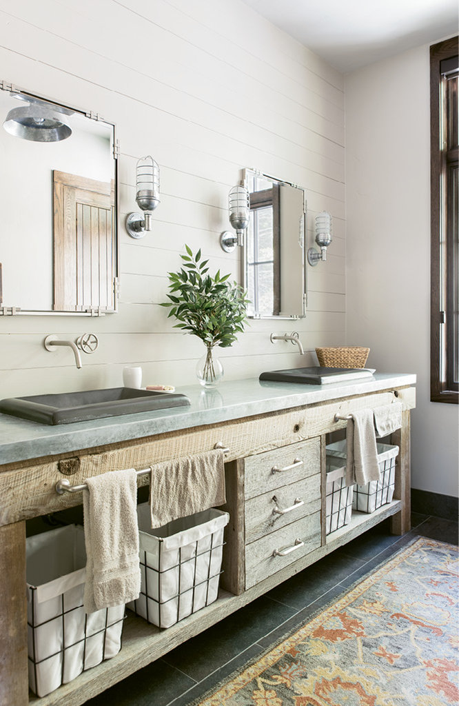The master bathroom features a his-and-hers vanity built from reclaimed wood.