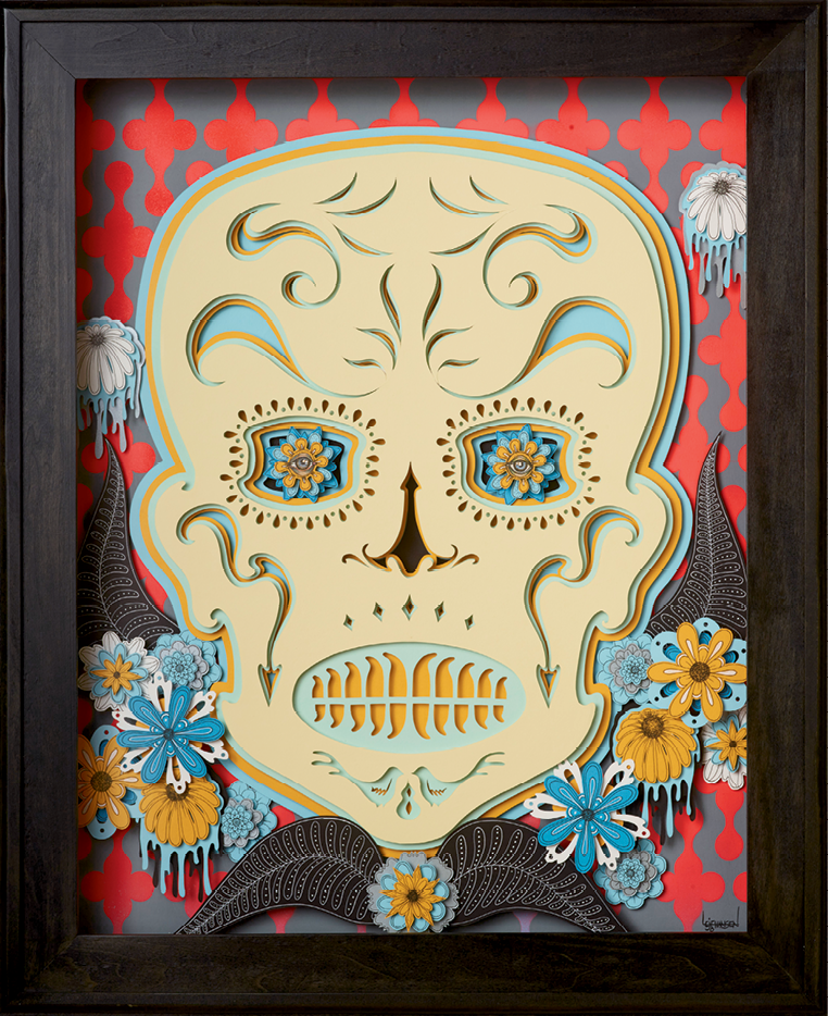 Johansen created his sugar skull light boxes through a paper-cutting process he encountered traveling  in China.