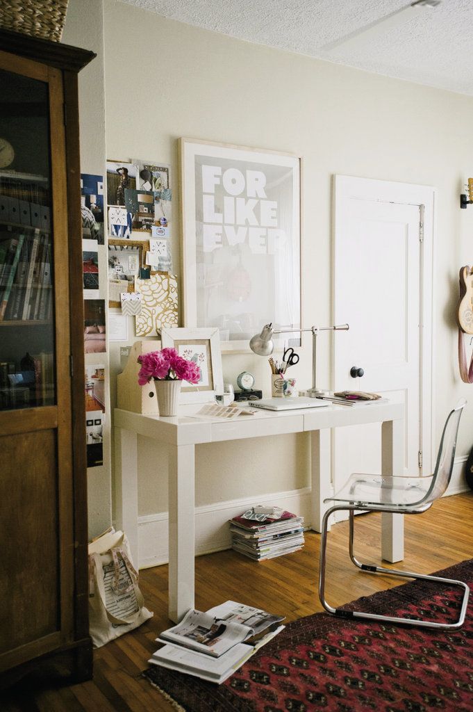 The office serves as a den of creativity, housing Maria’s design station and Bill’s guitars.
