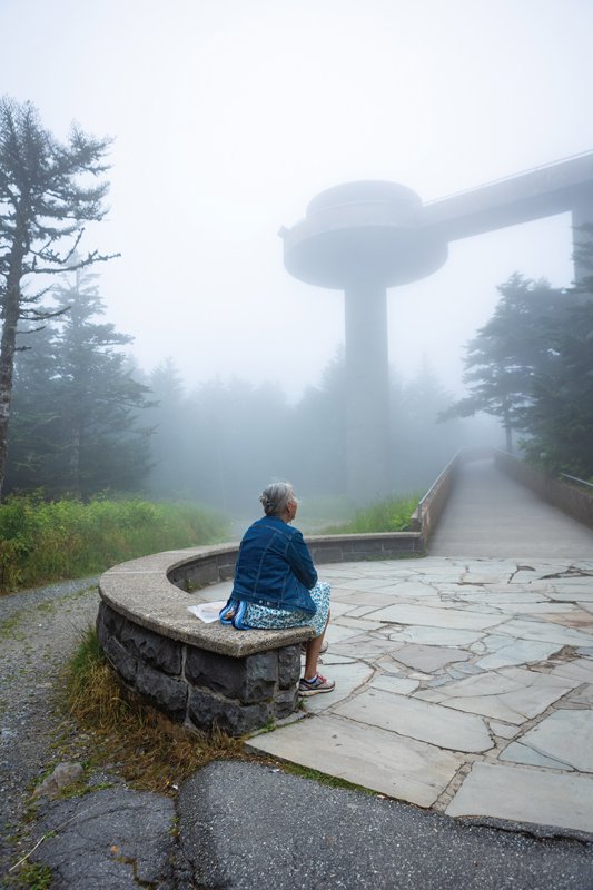 The thick Smoky Mountain fog creates an erie, hallowed atmosphere that often limits the views from the top of the observation deck.