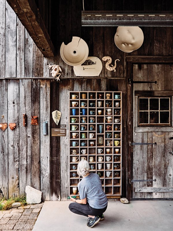 The pottery display at The Bascom’s Dave Drake Studio Barn, named for the enslaved African American potter from Edgefield, South Carolina, known for his glazed stoneware jugs..