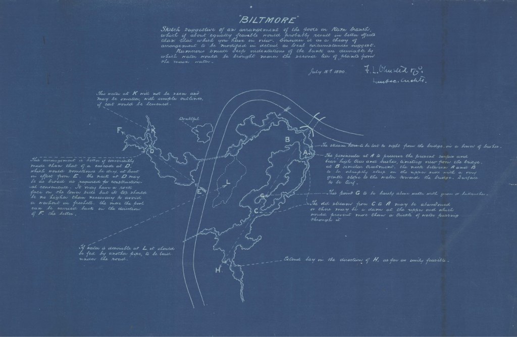 Olmsted’s blueprint for the main ponds at Biltmore offers indications of just how varied and important they were to his overall concept.
