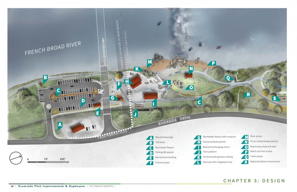 A map of the planned new amenities at Woodfin&#039;s Riverside Park.