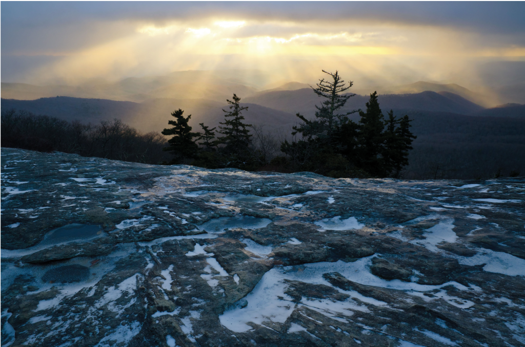 Fire &amp; Ice - Streams of early morning sunlight catch the glaze of ice at Beacon Heights off the Blue Ridge Parkway.