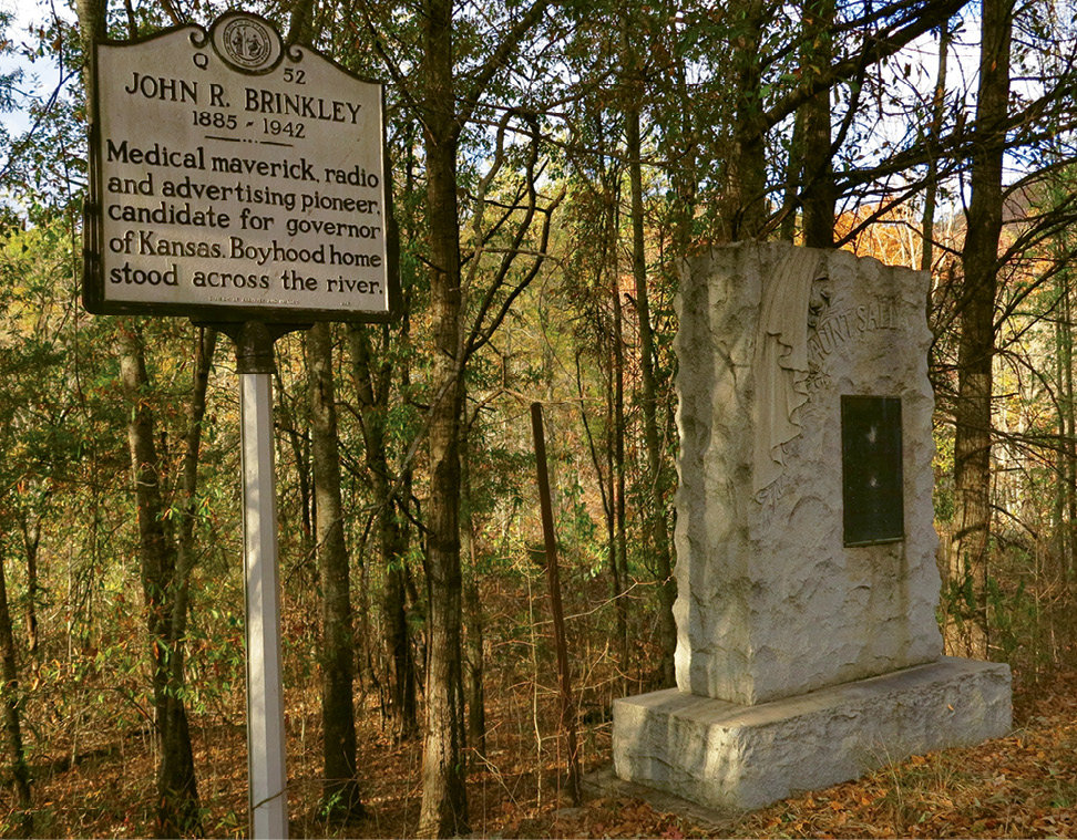 Brinkley is regarded as little more than a curiosity in Jackson County, but his legacy is marked alongside state road 107. A state historical marker was installed in 1994 next to a granite monument Brinkley erected in tribute to his Aunt Sally, who raised him.