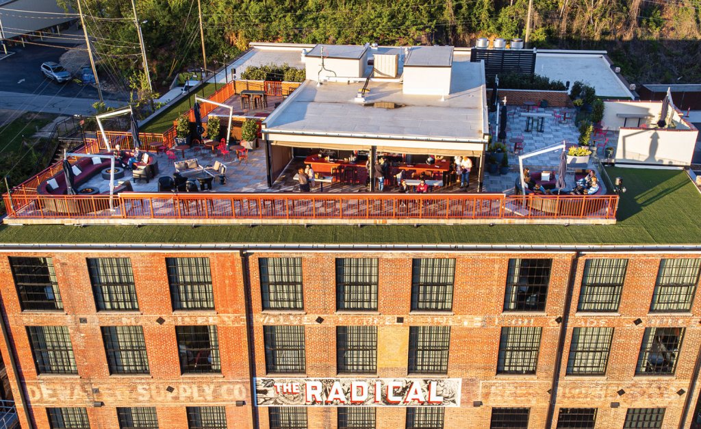 Rooftop of The Radical, an artsy boutique hotel that opened one year prior to Helene.