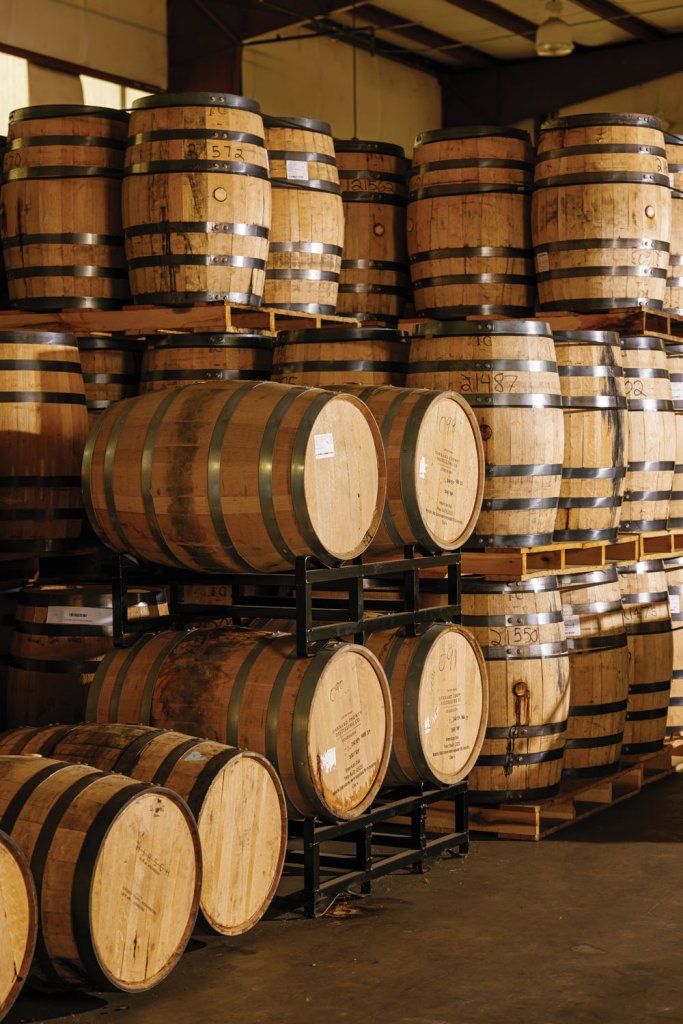 Two Trees Distilling’s barrels of whiskey, which is aged rapidly thanks to innovative technology.