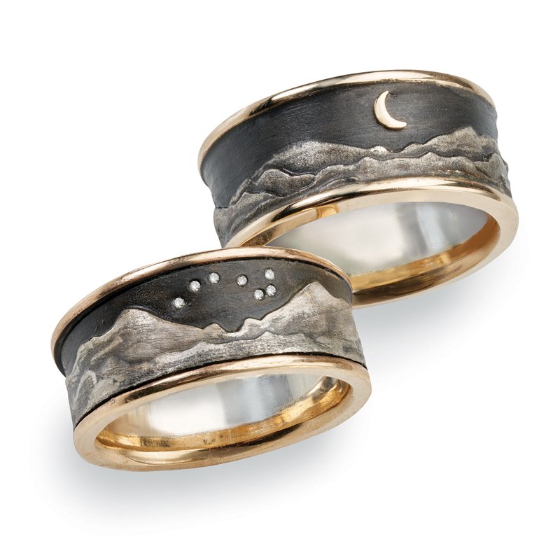 Pisgah Views - Pisgah View mountain rings. Sterling and 14 karat gold bands by Kathleen Doyle and Tom Reardon. $1,350-$1,425. Grovewood Village, Asheville. trkd.com