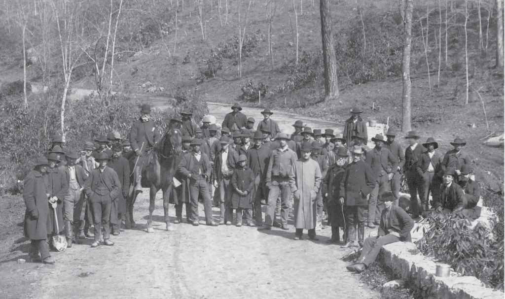 Top, the poor initial state of the land can be seen in this photo of a work crew, with Olmsted, front right in a bowler hat, standing next to Vanderbilt, with cane.