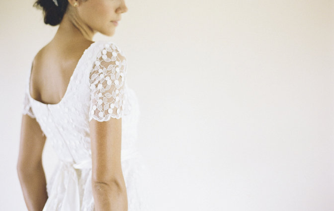 Sweet simplicity and light fabrics are the signatures of Whitney’s designs, including the Lucille featuring leaf-inspired lace. Photograph by Dustin Deal
