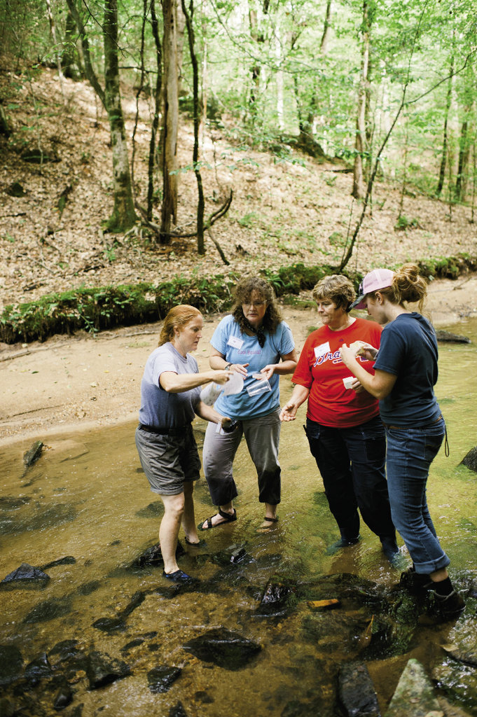 keen eyes King (left) shows participants how to collect and identify tiny invertebrates, such as water pennies and caddisflies, found in the stream.