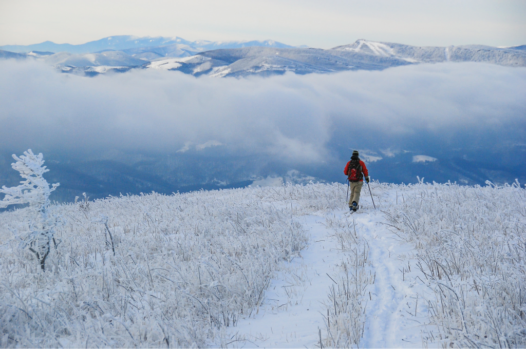 This Nordic skier near Boone enjoys a view much like the one from Elk Knob State Park. Beech Mountain&#039;s ski slopes rise right, and the snowy Black Mountains at left include Mount Mitchell.