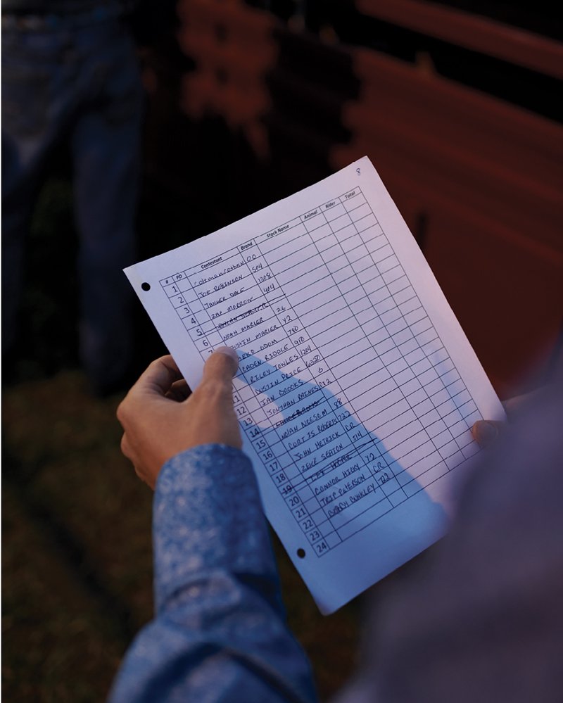 An organizer preps a list matching riders with their assigned bulls.