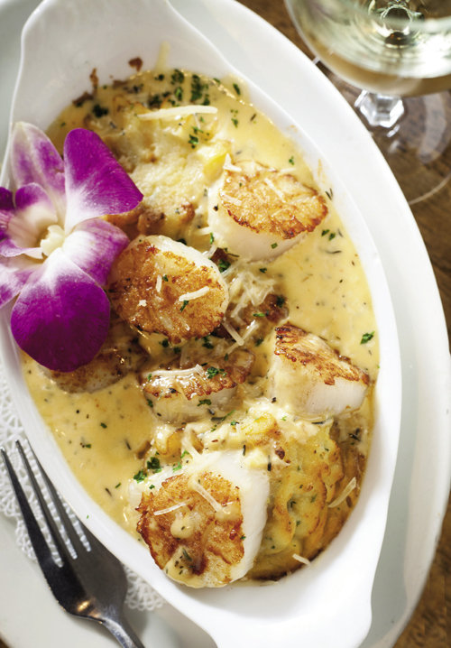 oquilles St. Jacques, a savory French dish of pan-seared scallops and lobster fumet with heavy cream and sherry, served over dutch potatoes