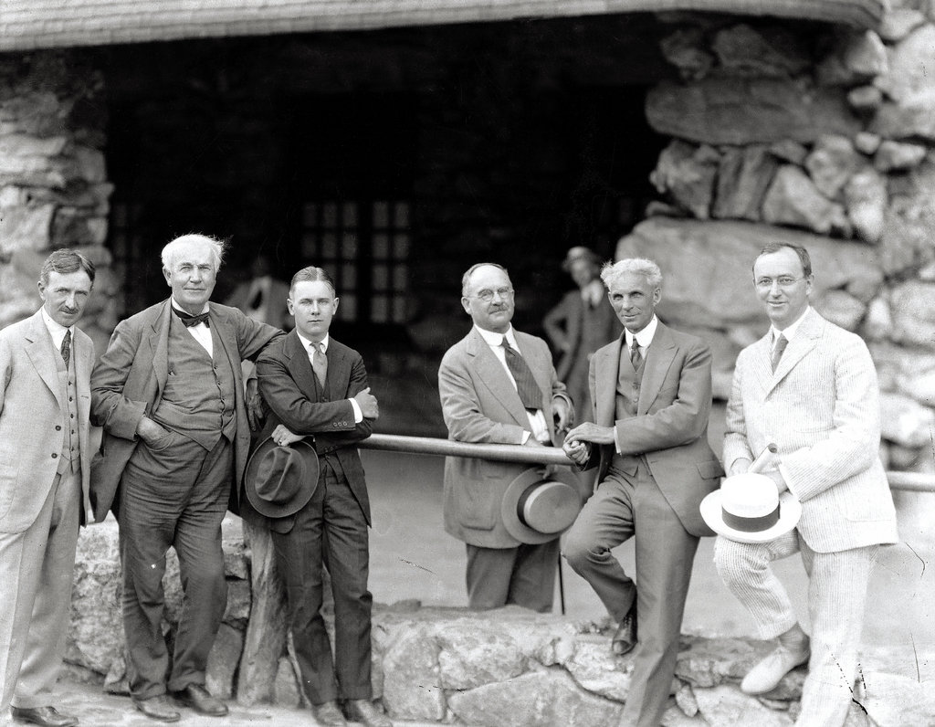 Seely welcomed many notables to Overlook. In this photo, taken in 1918 at the Grove Park Inn, he was joined by (from left) Harvey Firestone Sr., Thomas Edison, Harvey Firestone Jr., Horatio Seymour, and Henry Ford.