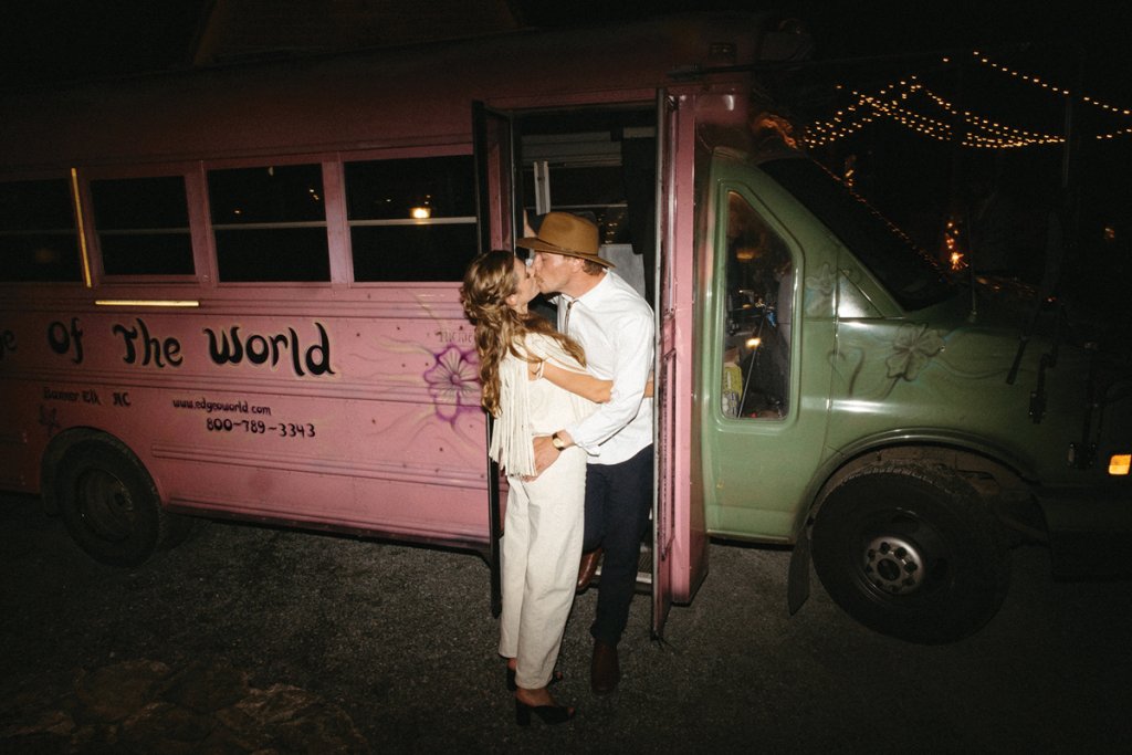 The newlyweds made their getaway in a themed bus from the whitewater rafting facility where Will worked as a teen.